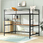 Black Full Size Metal Loft Bed with Desk, Ladder, and Shelves for Kids