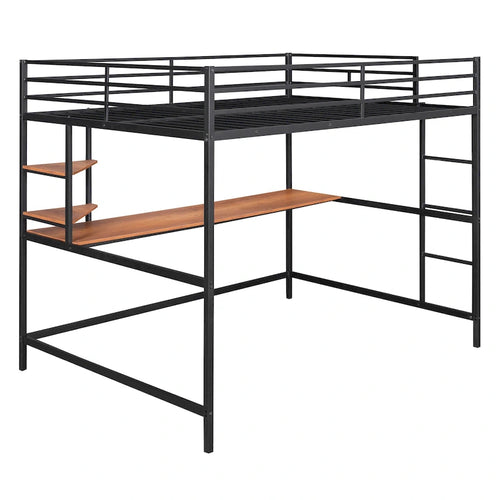 Black Full Size Metal Loft Bed with Desk, Ladder, and Shelves for Kids
