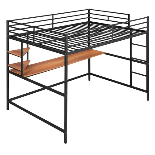 Black Full Size Metal Loft Bed with Desk, Ladder, and Shelves for Kids