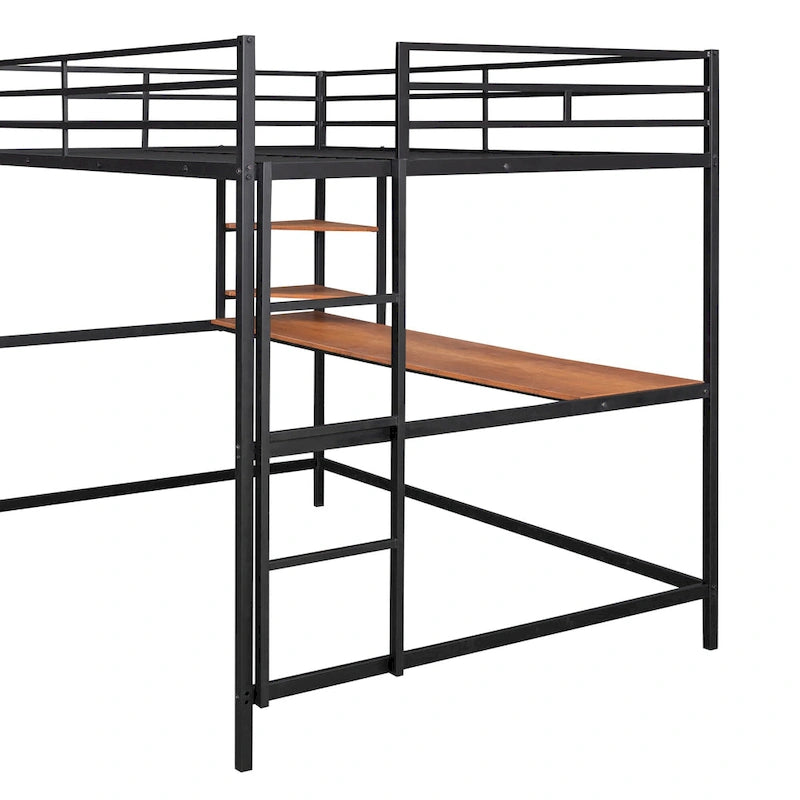 Black Full Size Metal Loft Bed with Desk, Ladder, and Shelves for Kids