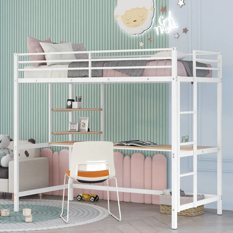 White Twin Size Metal Loft Bed with Desk, Ladder, and Shelves for Kids