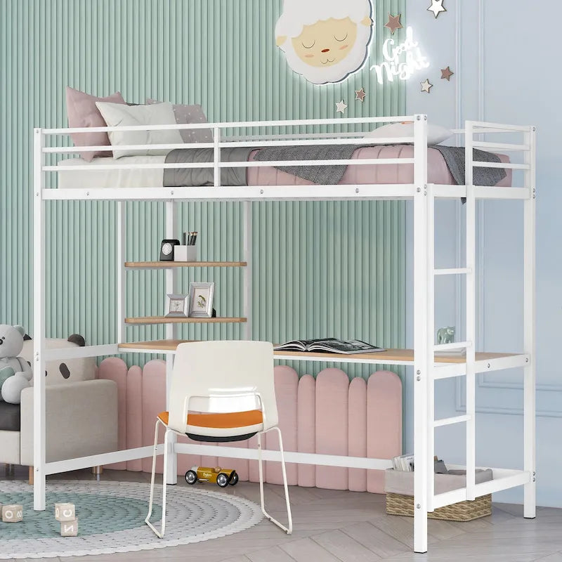White Twin Size Metal Loft Bed with Desk, Ladder, and Shelves for Kids