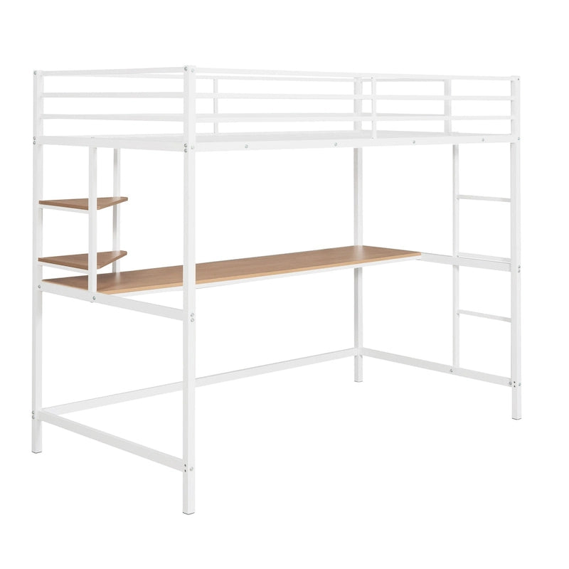 White Twin Size Metal Loft Bed with Desk, Ladder, and Shelves for Kids