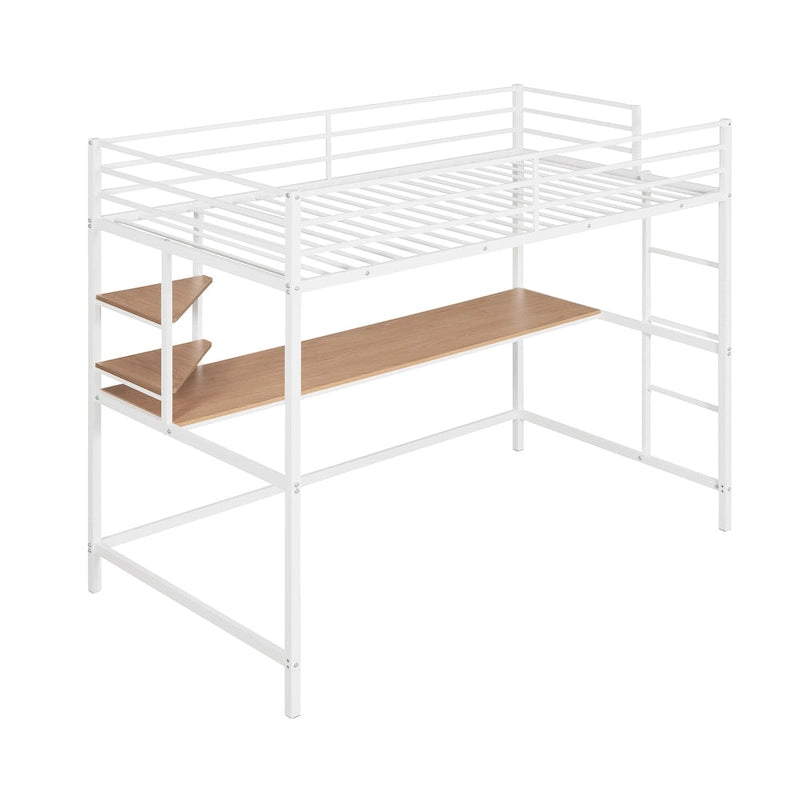 White Twin Size Metal Loft Bed with Desk, Ladder, and Shelves for Kids