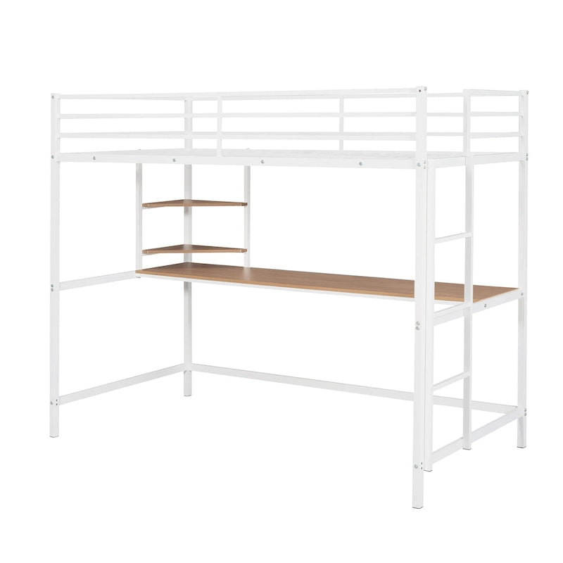White Twin Size Metal Loft Bed with Desk, Ladder, and Shelves for Kids