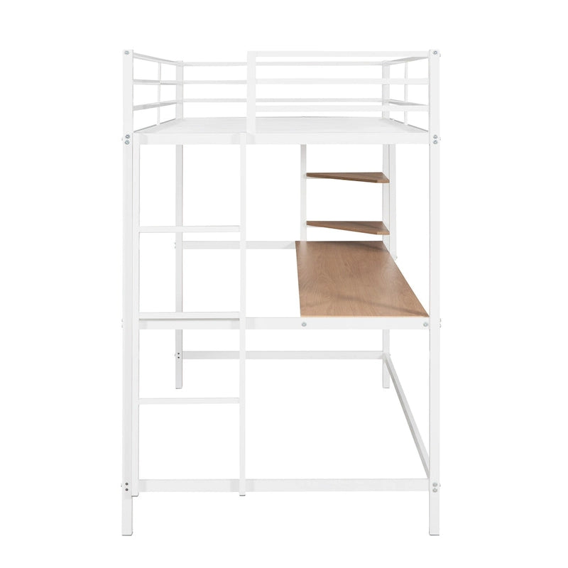 White Twin Size Metal Loft Bed with Desk, Ladder, and Shelves for Kids