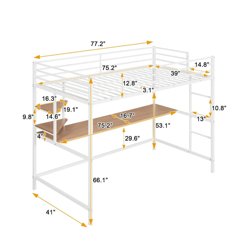 White Twin Size Metal Loft Bed with Desk, Ladder, and Shelves for Kids