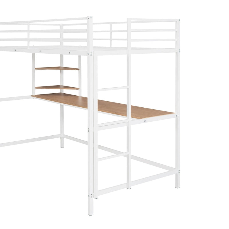 White Twin Size Metal Loft Bed with Desk, Ladder, and Shelves for Kids