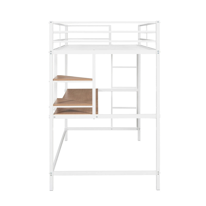 White Twin Size Metal Loft Bed with Desk, Ladder, and Shelves for Kids