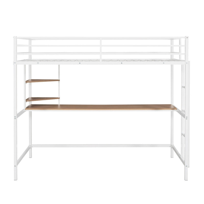 White Twin Size Metal Loft Bed with Desk, Ladder, and Shelves for Kids