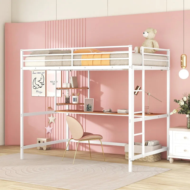 White Full Size Metal Loft Bed with Desk, Ladder, and Shelves for Kids
