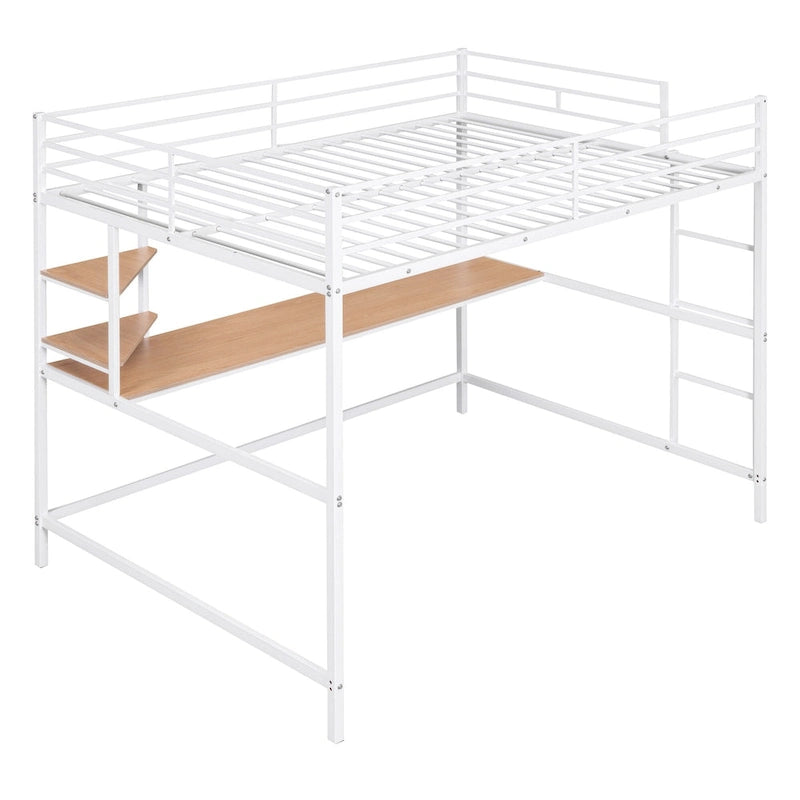 White Full Size Metal Loft Bed with Desk, Ladder, and Shelves for Kids
