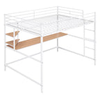White Full Size Metal Loft Bed with Desk, Ladder, and Shelves for Kids