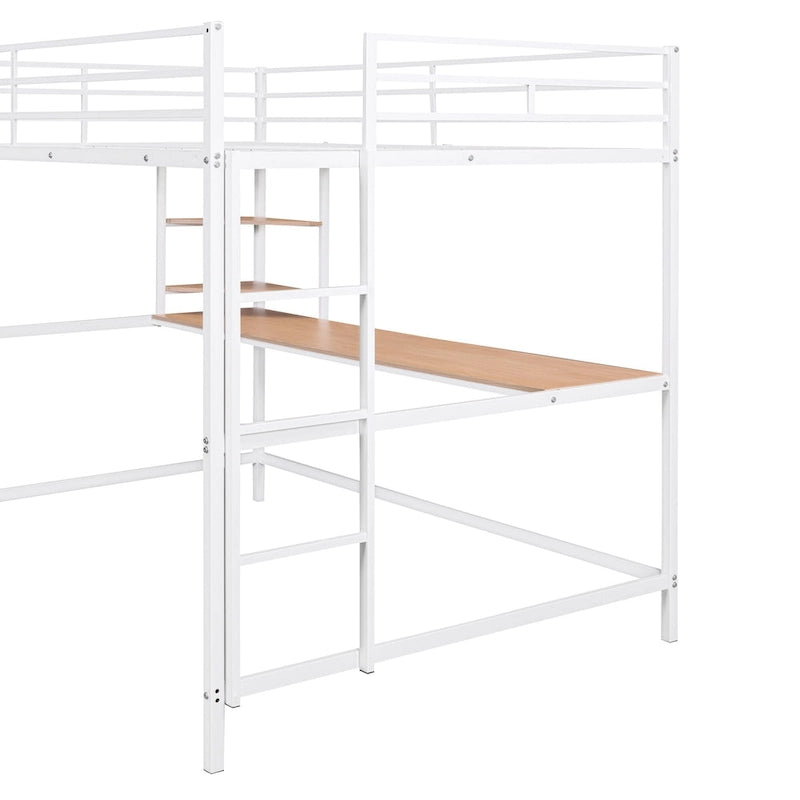 White Full Size Metal Loft Bed with Desk, Ladder, and Shelves for Kids