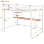 White Full Size Metal Loft Bed with Desk, Ladder, and Shelves for Kids