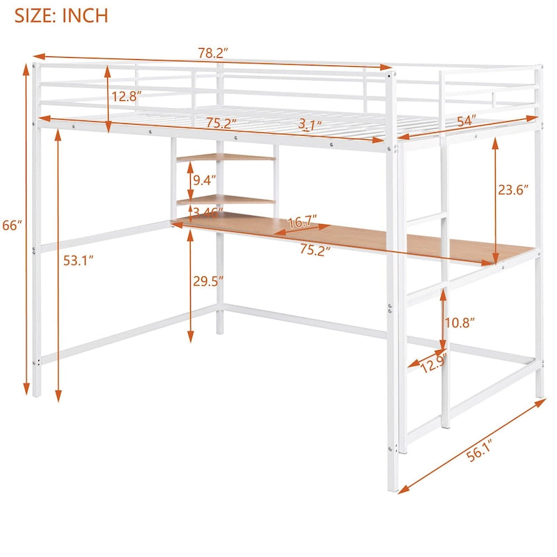 White Full Size Metal Loft Bed with Desk, Ladder, and Shelves for Kids