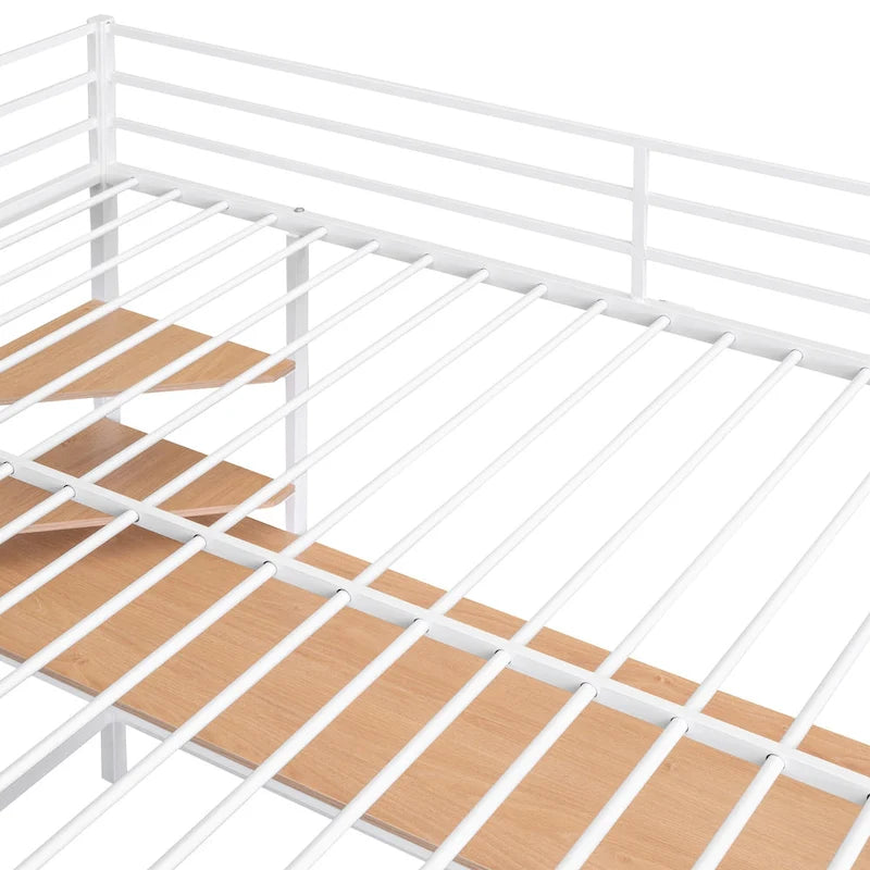 White Full Size Metal Loft Bed with Desk, Ladder, and Shelves for Kids