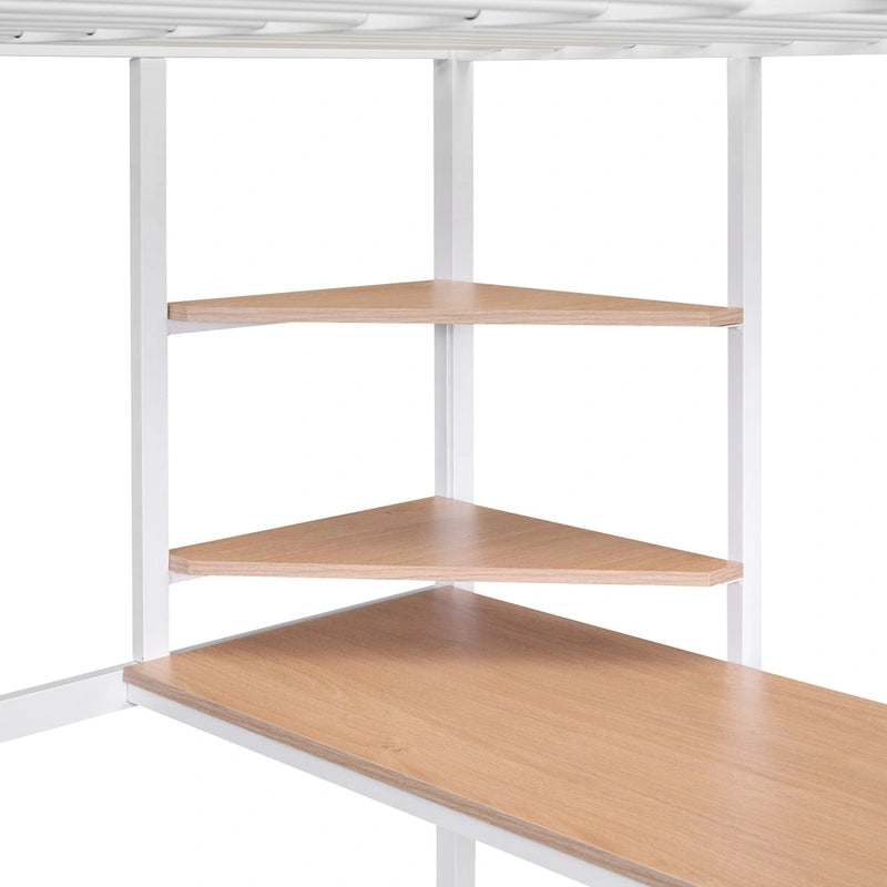 White Full Size Metal Loft Bed with Desk, Ladder, and Shelves for Kids
