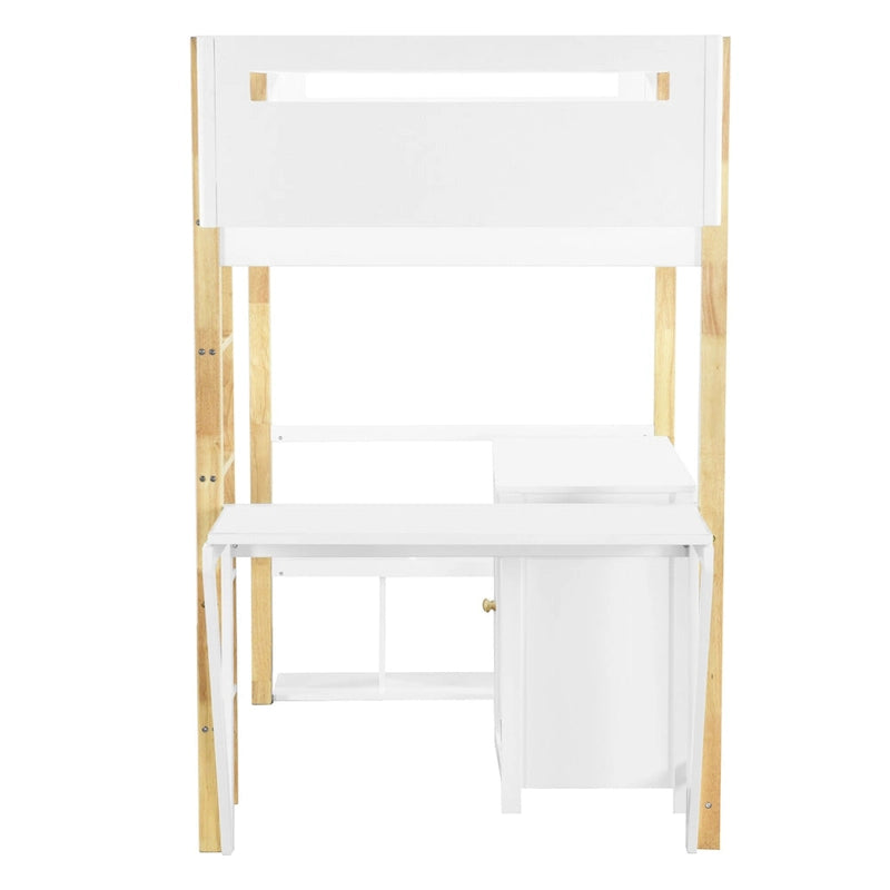 White Twin Size Solid Wood Loft Bed with Built-in Storage and Foldable Desk