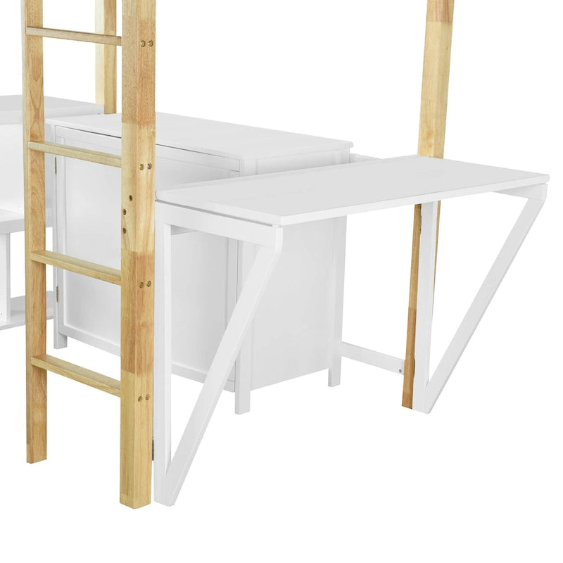 White Twin Size Solid Wood Loft Bed with Built-in Storage and Foldable Desk