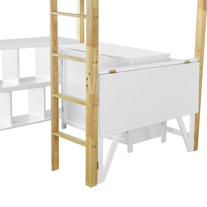 White Twin Size Solid Wood Loft Bed with Built-in Storage and Foldable Desk