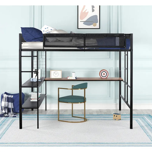 Black Full Size Metal Loft Bed with Desk and Shelves