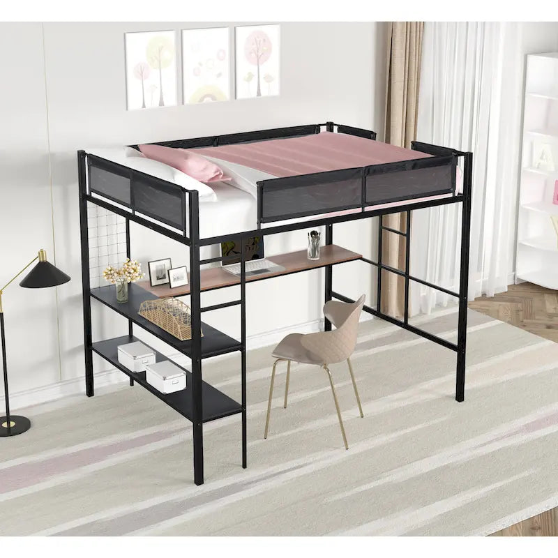 Black Full Size Metal Loft Bed with Desk and Shelves