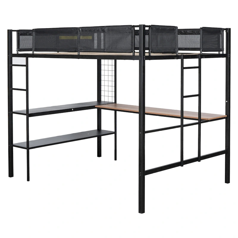 Black Full Size Metal Loft Bed with Desk and Shelves