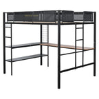 Black Full Size Metal Loft Bed with Desk and Shelves