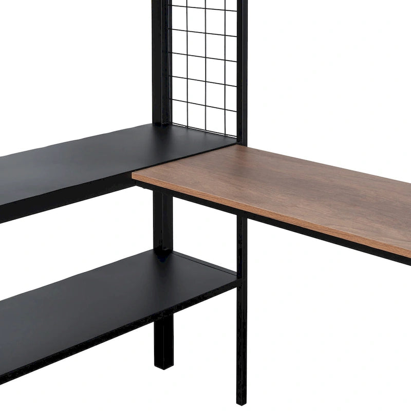 Black Full Size Metal Loft Bed with Desk and Shelves
