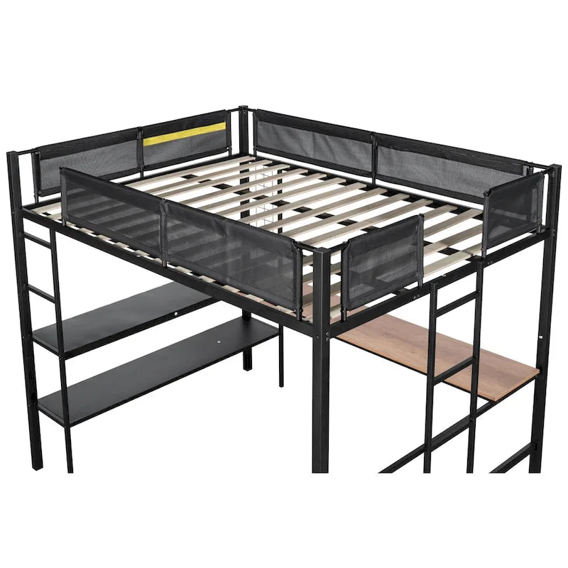 Black Full Size Metal Loft Bed with Desk and Shelves