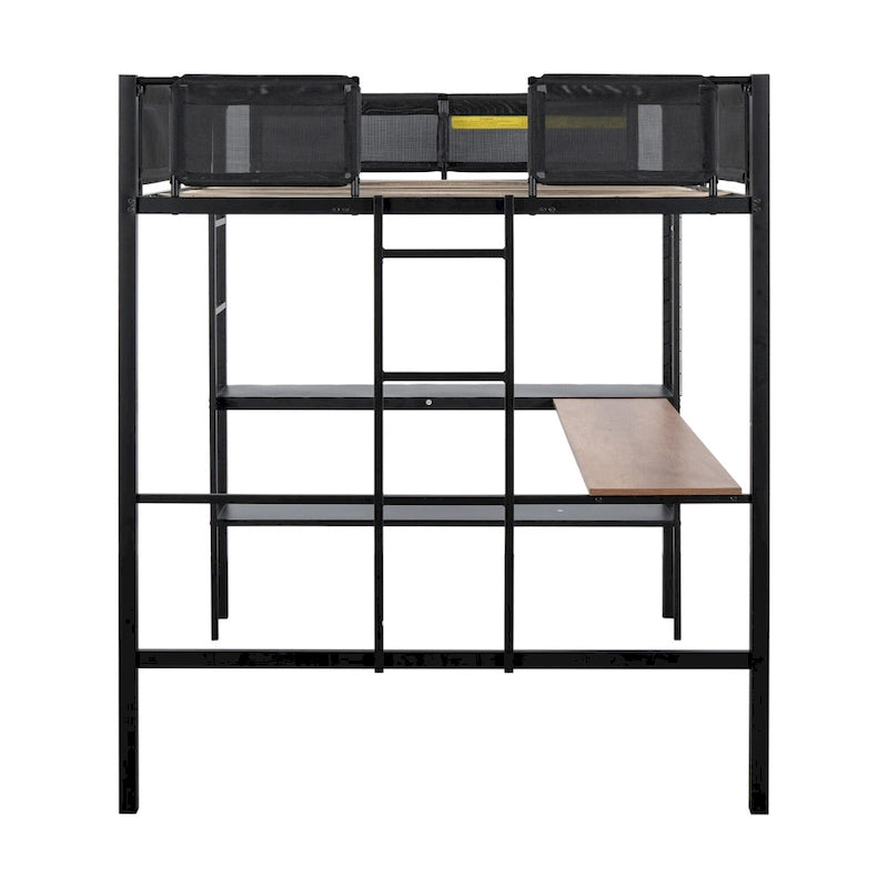 Black Full Size Metal Loft Bed with Desk and Shelves