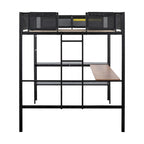 Black Full Size Metal Loft Bed with Desk and Shelves
