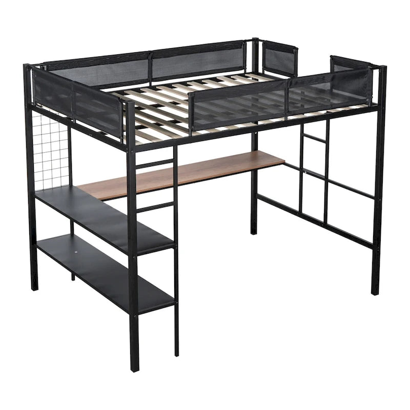 Black Full Size Metal Loft Bed with Desk and Shelves
