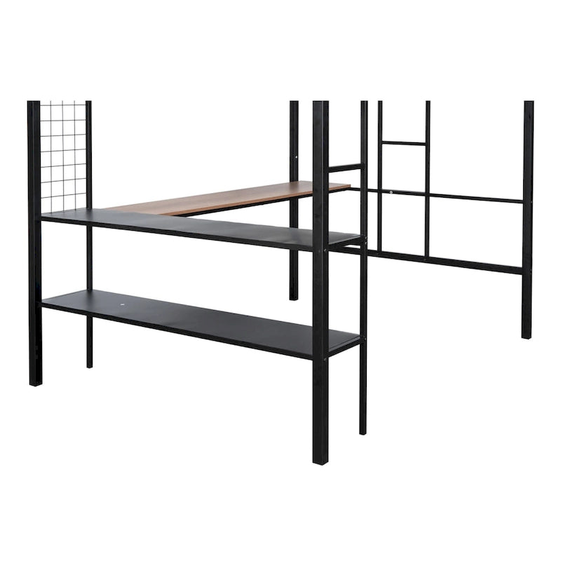 Black Full Size Metal Loft Bed with Desk and Shelves