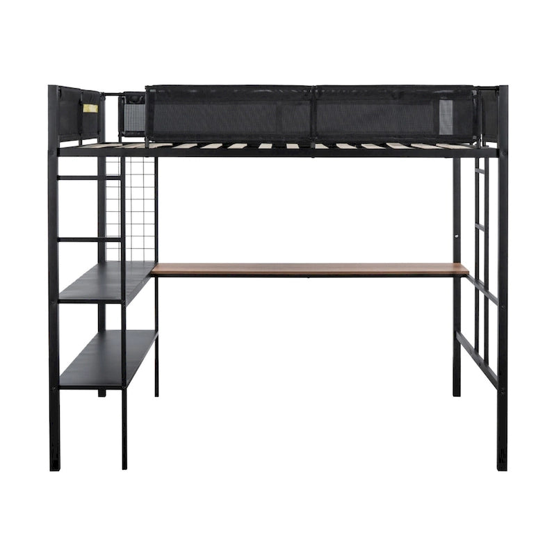 Black Full Size Metal Loft Bed with Desk and Shelves