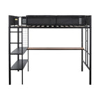 Black Full Size Metal Loft Bed with Desk and Shelves