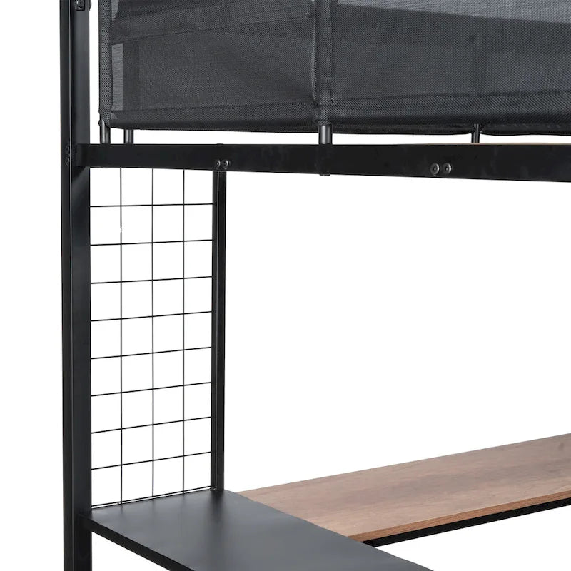Black Full Size Metal Loft Bed with Desk and Shelves