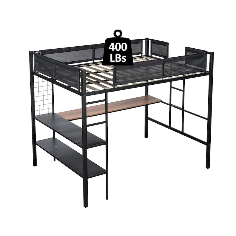 Black Full Size Metal Loft Bed with Desk and Shelves