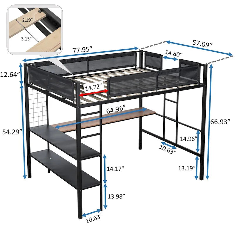 Black Full Size Metal Loft Bed with Desk and Shelves