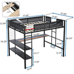 Black Full Size Metal Loft Bed with Desk and Shelves