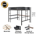 Black Full Size Metal Loft Bed with Desk and Shelves