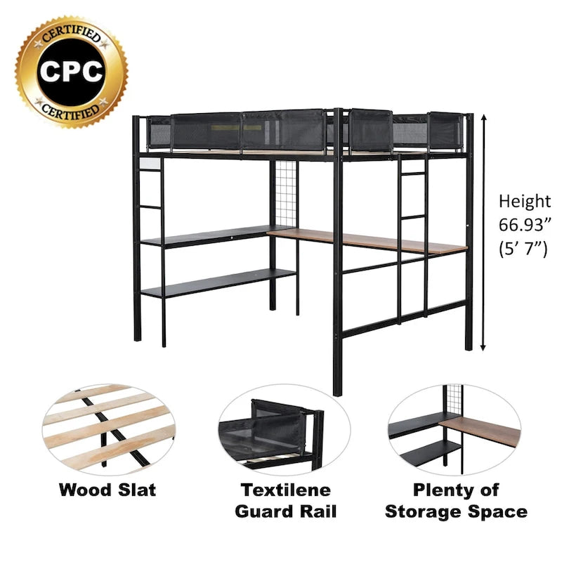 Black Full Size Metal Loft Bed with Desk and Shelves