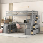 Gray Twin Size Wood Loft Bed with Drawers, Shelves, Ladder, and Desk