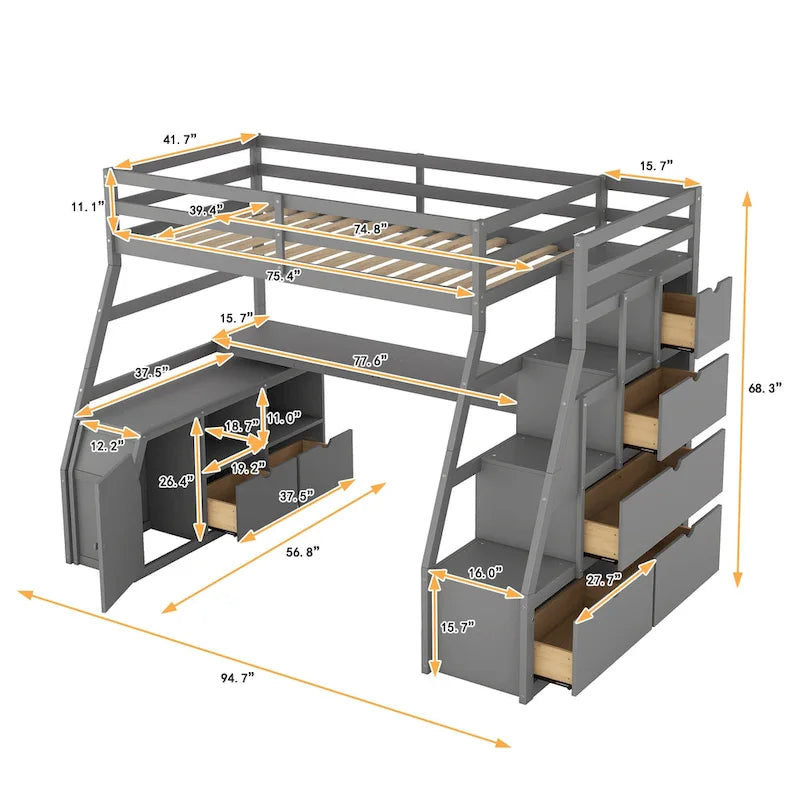 Gray Twin Size Wood Loft Bed with Drawers, Shelves, Ladder, and Desk