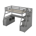 Gray Twin Size Wood Loft Bed with Drawers, Shelves, Ladder, and Desk