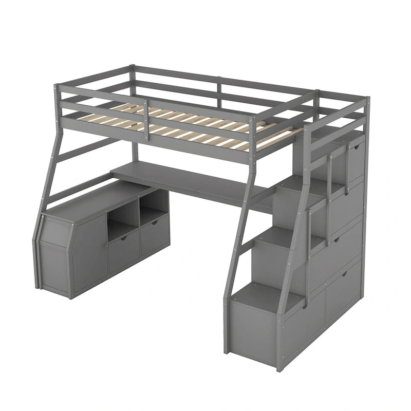 Gray Twin Size Wood Loft Bed with Drawers, Shelves, Ladder, and Desk