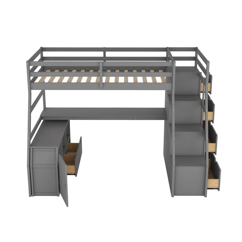 Gray Twin Size Wood Loft Bed with Drawers, Shelves, Ladder, and Desk