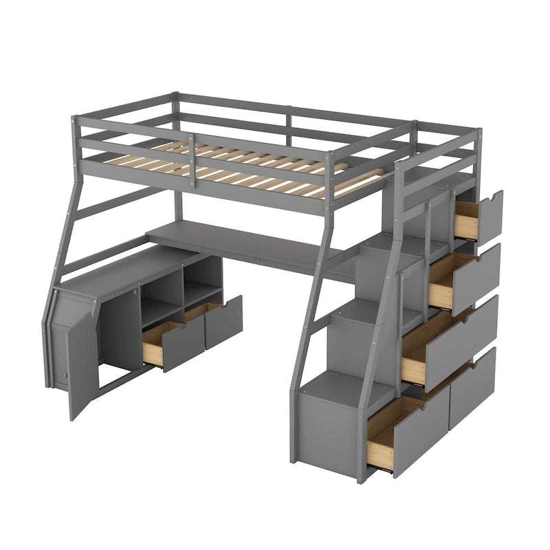 Gray Twin Size Wood Loft Bed with Drawers, Shelves, Ladder, and Desk