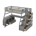 Gray Twin Size Wood Loft Bed with Drawers, Shelves, Ladder, and Desk